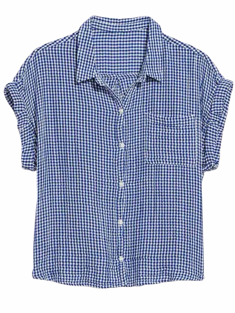 Old Navy Blue Gingham Short Sleeve Button Down Shirt 100% Cotton Cottagecore NWT